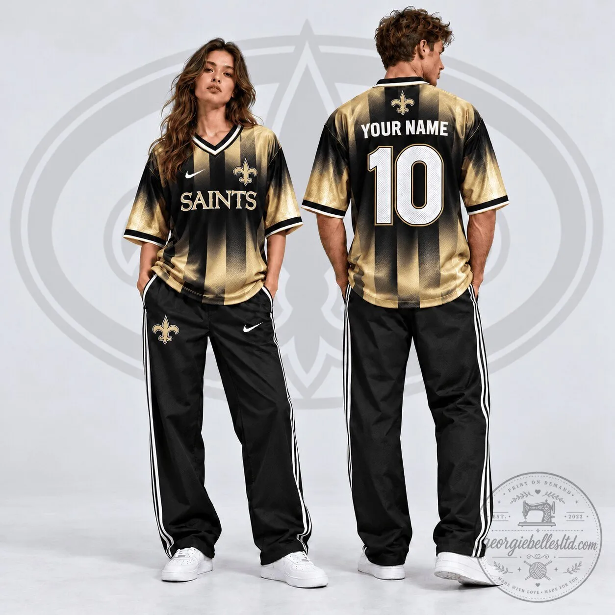 New Orleans Saints Custom Name and Number Black Gold Gradient Shadow Football Jersey