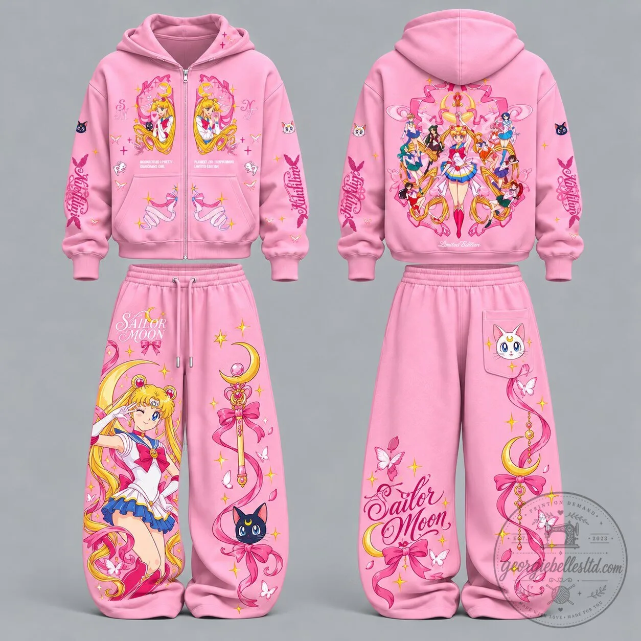 Sailor Moon Anime Character Pink Zip Up Hoodie and Sweatpants Set for Women