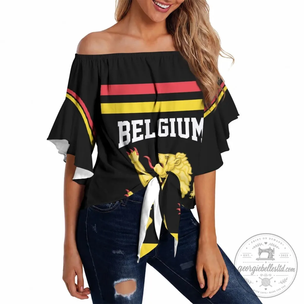 Belgium National Flag Lion Off Shoulder Ruffle Sleeve Top Belgium National Flag Lion Off Shoulder Ruffle Sleeve Top