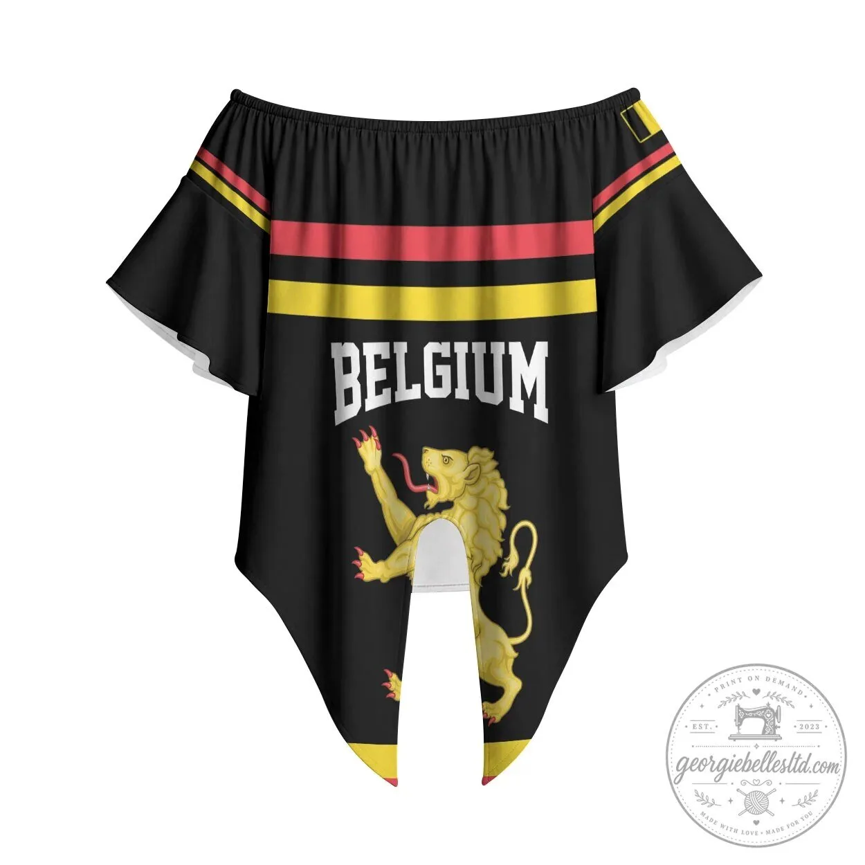 Belgium National Flag Lion Off Shoulder Ruffle Sleeve Top 6 Belgium National Flag Lion Off Shoulder Ruffle Sleeve Top