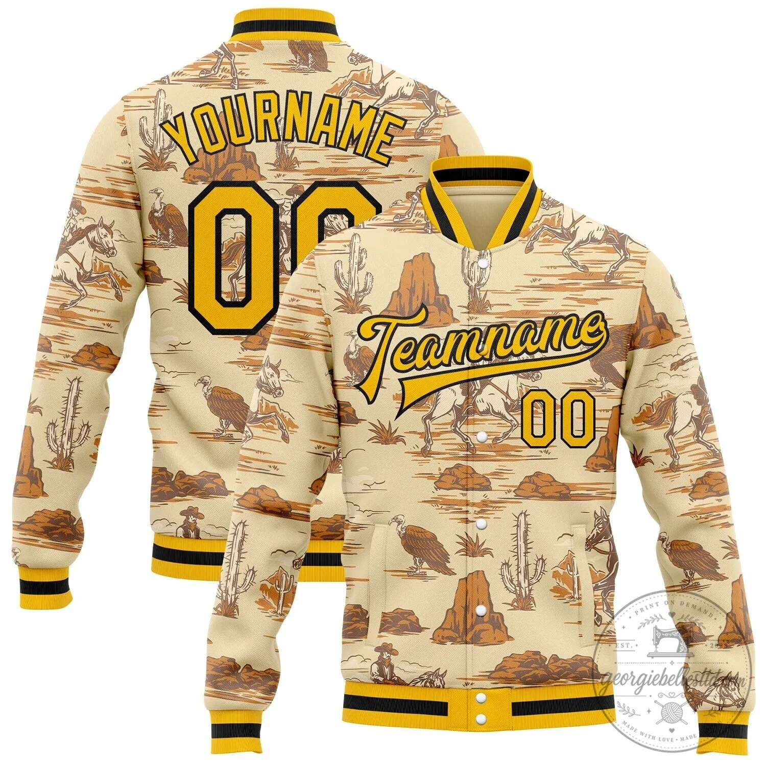 Custom Wild Western Cowboy Cactus Bomber Full-Snap Varsity Letterman Jacket