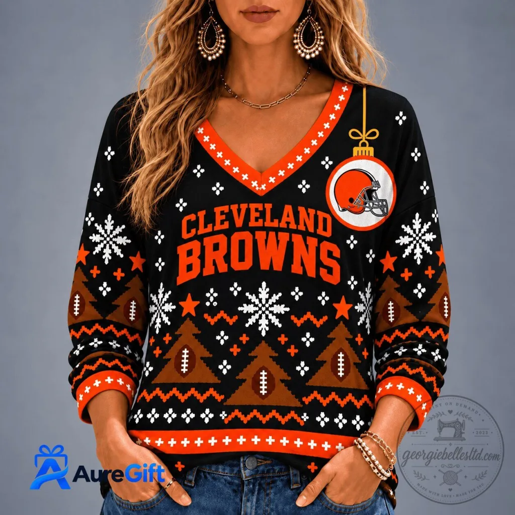 Cleveland Browns NFL Christmas Ugly Sweater Style Long Sleeve V-Neck T-Shirt Cleveland Browns NFL Christmas Ugly Sweater Style Long Sleeve V-Neck T-Shirt