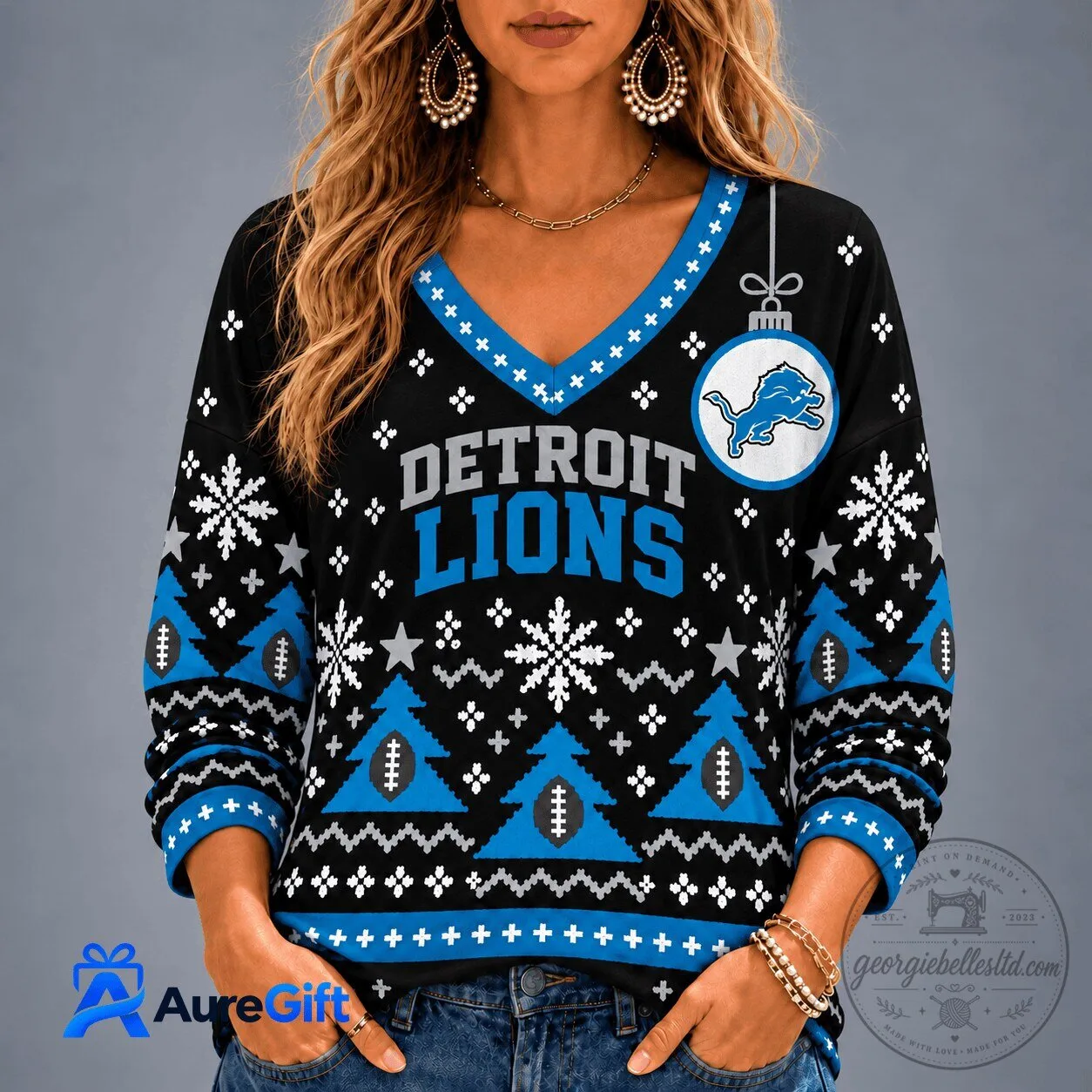 Detroit Lions Christmas Ugly Sweater Long Sleeve V-Neck T-Shirt