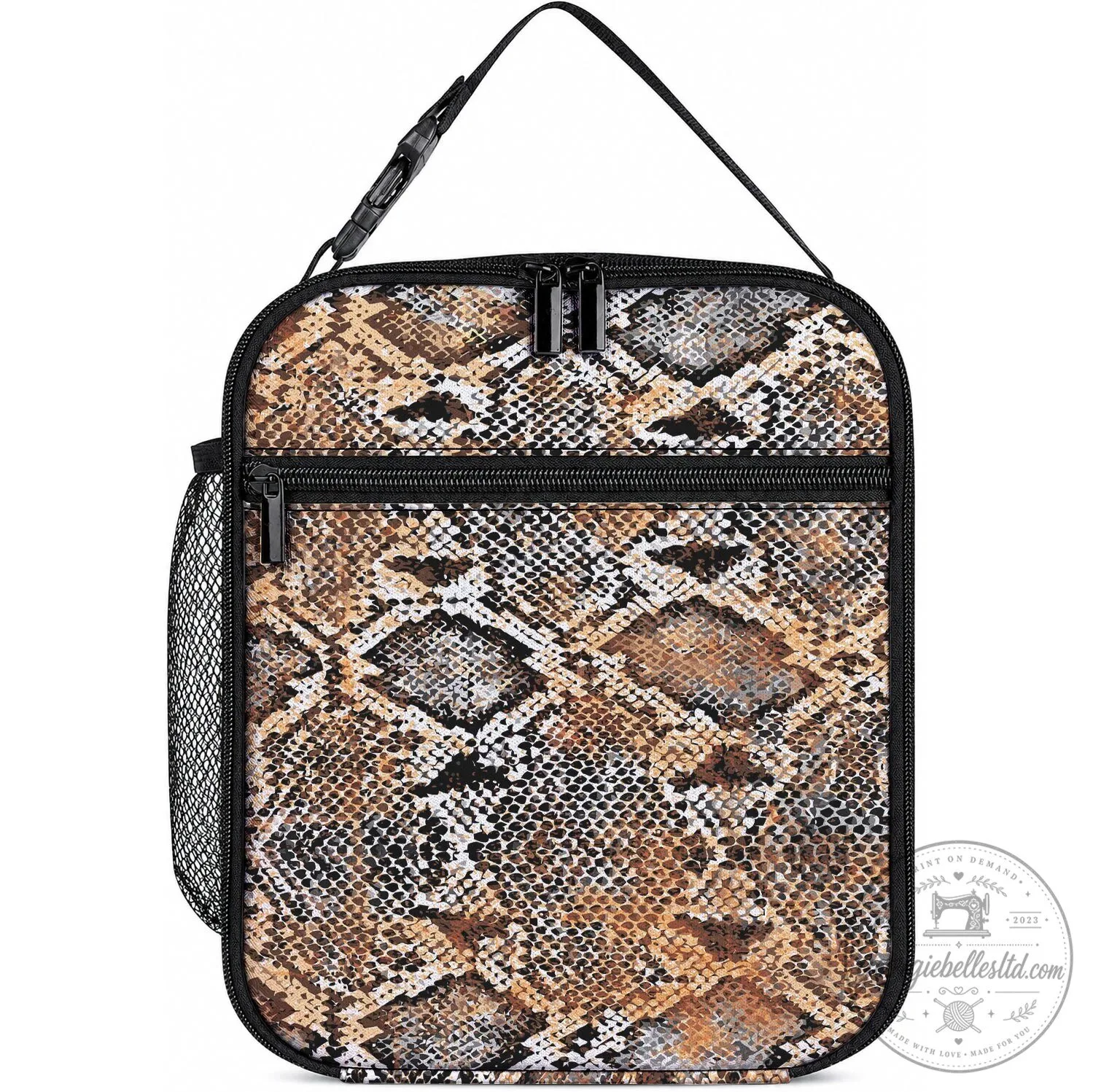 Vintage Snake Skin Pattern Insulated Lunch Bag with Zipper Closure and Handle