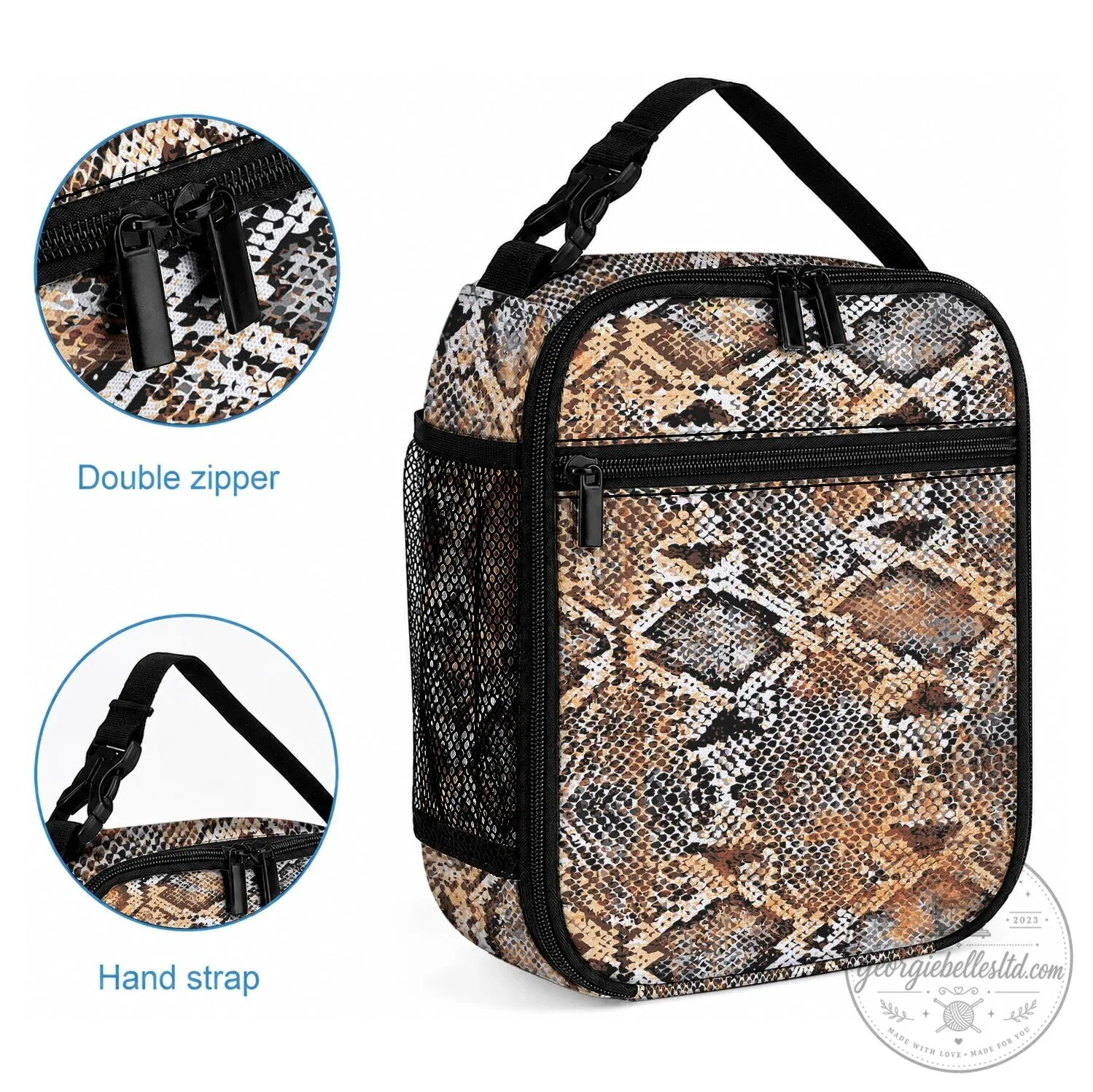 Vintage Snake Skin Pattern Insulated Lunch Bag with Zipper Closure and Handle 4 Vintage Snake Skin Pattern Insulated Lunch Bag with Zipper Closure and Handle