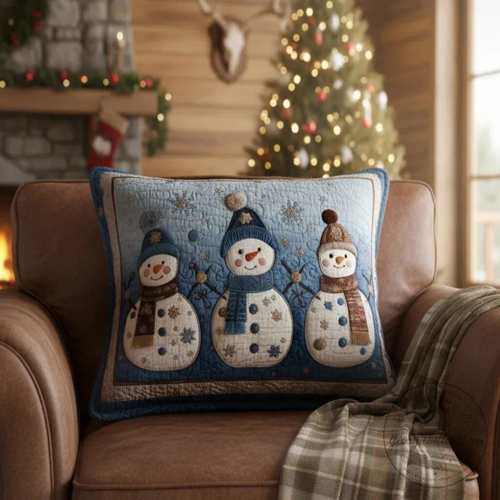 Cozy Snow Friends Quilted Christmas Snowman Decorative Throw Pillow
