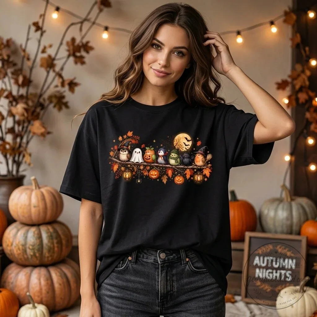 Halloween Birds on a Branch Autumn Spooky Fall Bird Lover Gift T-Shirt