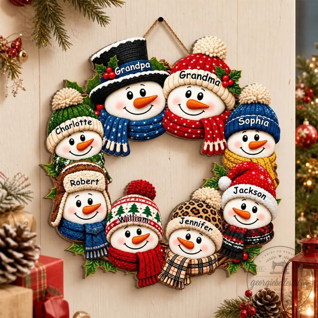 Personalized Snowman Family Christmas Wreath Wooden Sign Holiday Decor Personalized Snowman Family Christmas Wreath Wooden Sign Holiday Decor