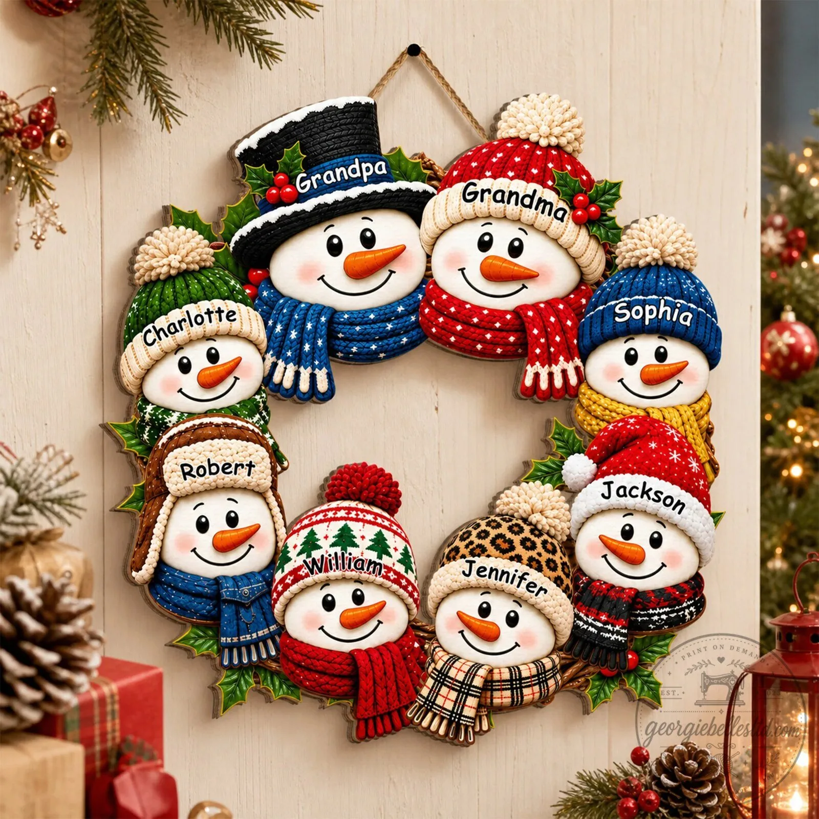 Personalized Snowman Family Christmas Wreath Wooden Sign Holiday Decor