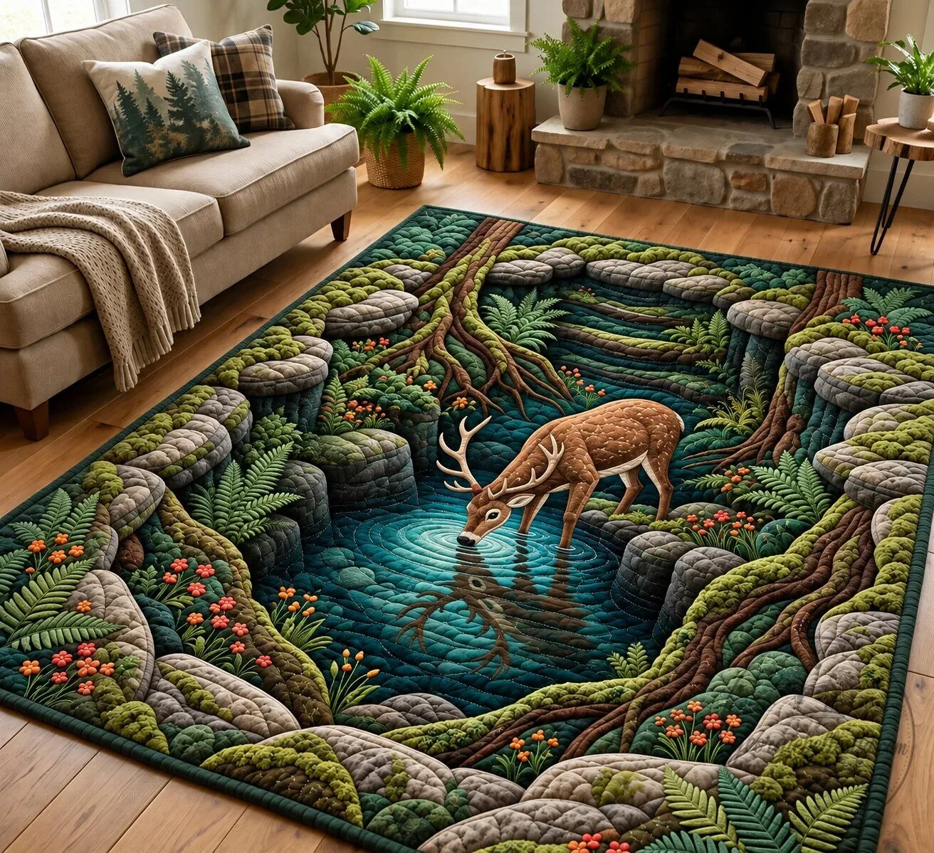 Forest Deer Drinking Water Hidden Pond Nature Scene Area Rug