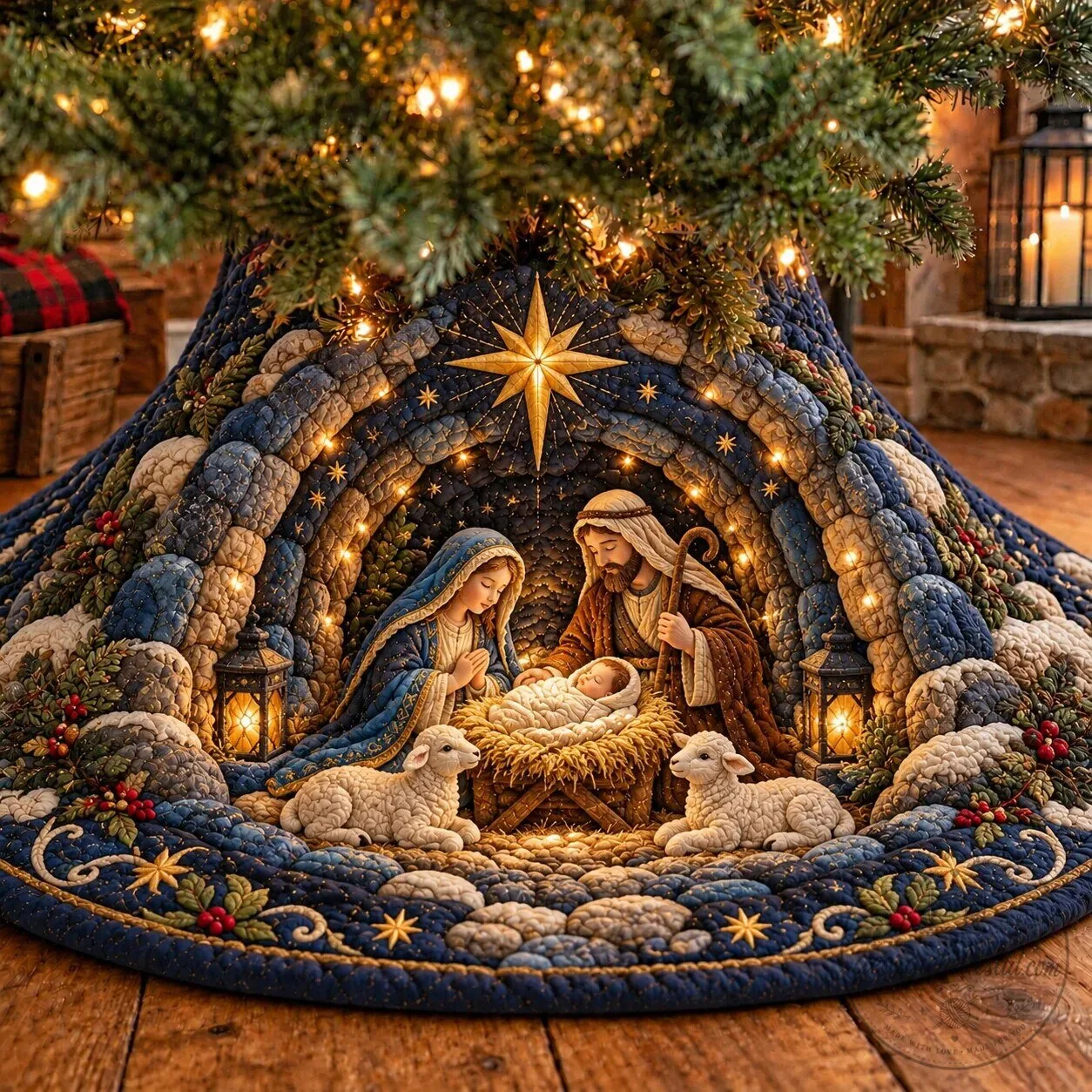 Christmas Nativity Scene Quilted Tree Skirt with Holy Family and Lambs