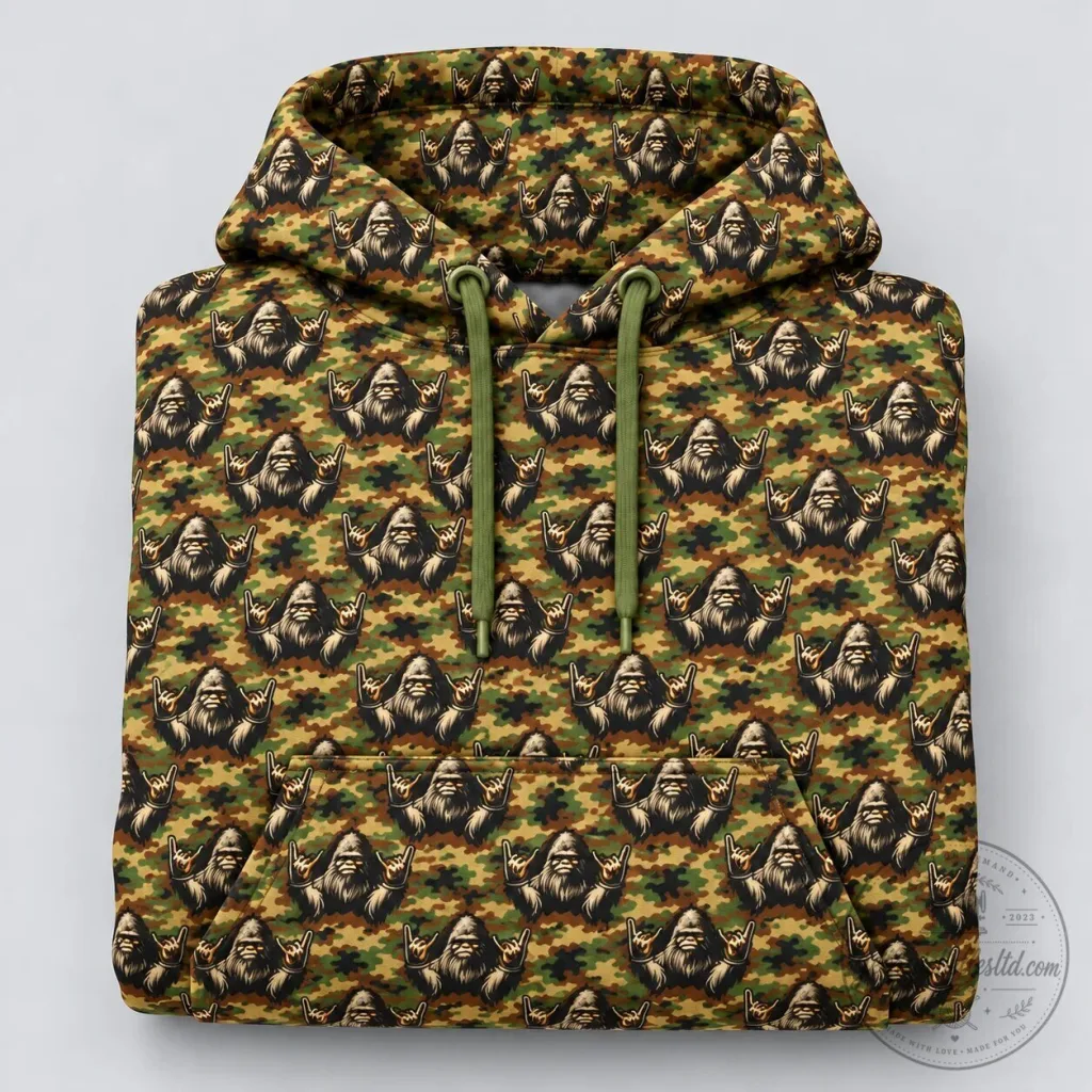 Bigfoot Rock and Roll Camouflage Pattern All-Over Print Hoodie Bigfoot Rock and Roll Camouflage Pattern All-Over Print Hoodie