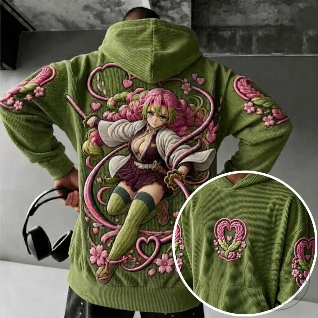Demon Slayer Mitsuri Kanroji Anime Embroidered Corduroy Hoodie