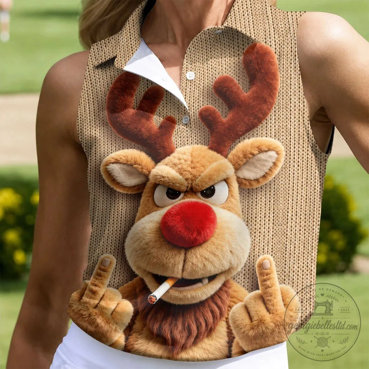Funny Rude Reindeer Christmas Golf Polo Shirt for Women, Holiday Sleeveless Top