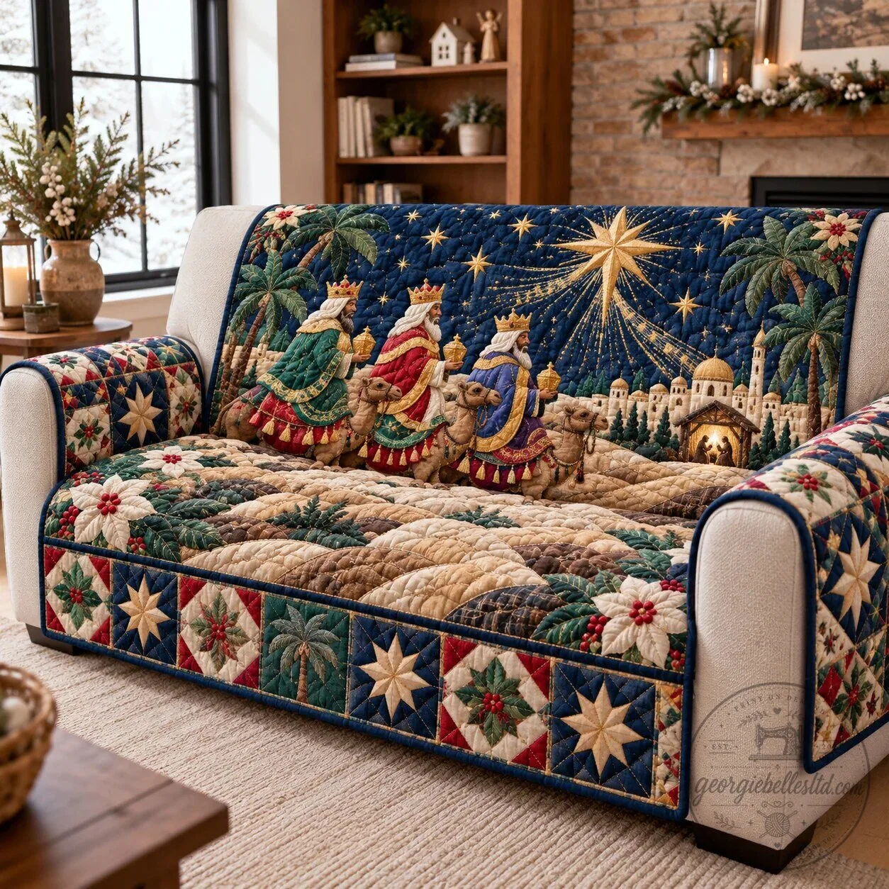 Nativity Three Kings Christmas Holiday Sofa Cover Quilted Furniture Protector