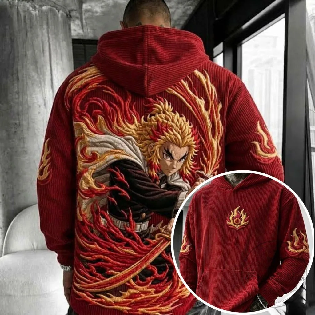 Demon Slayer Rengoku Kyojuro Flame Hashira Embroidered Corduroy Hoodie 1 Demon Slayer Rengoku Kyojuro Flame Hashira Embroidered Corduroy Hoodie