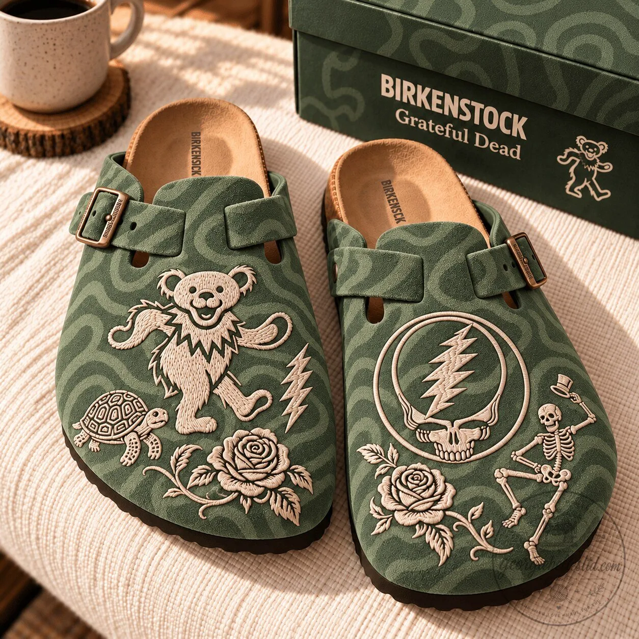 Grateful Dead Dancing Bear Skeleton Rose Pattern Suede Clogs Shoes 1 Grateful Dead Dancing Bear Skeleton Rose Pattern Suede Clogs Shoes