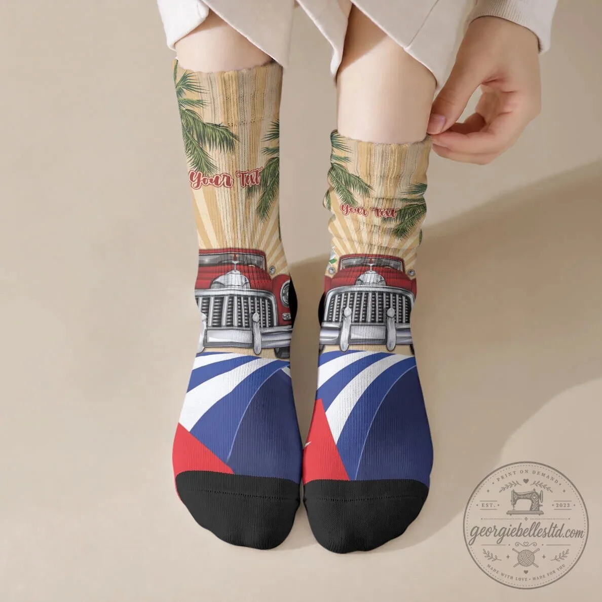 Personalized Cuban Flag Retro Car Tropical Palm Tree Crew Socks 5 Personalized Cuban Flag Retro Car Tropical Palm Tree Crew Socks