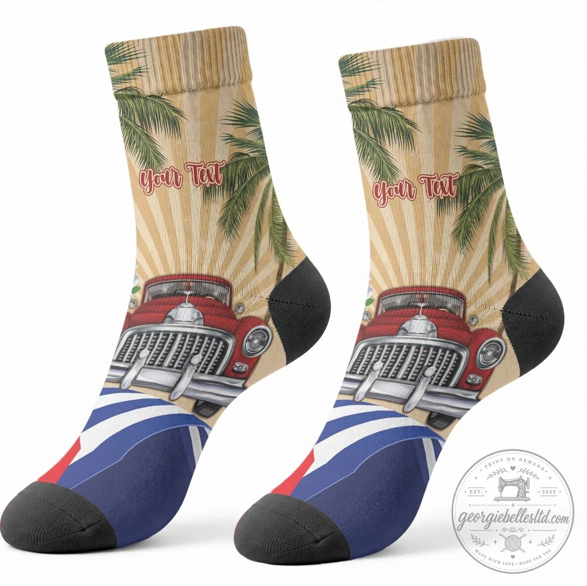 Personalized Cuban Flag Retro Car Tropical Palm Tree Crew Socks 6 Personalized Cuban Flag Retro Car Tropical Palm Tree Crew Socks