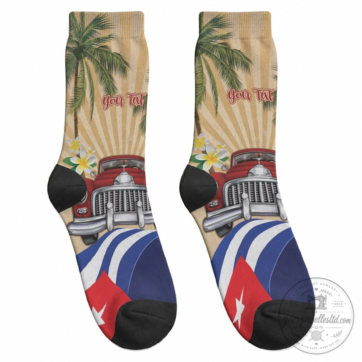 Personalized Cuban Flag Retro Car Tropical Palm Tree Crew Socks 7 Personalized Cuban Flag Retro Car Tropical Palm Tree Crew Socks