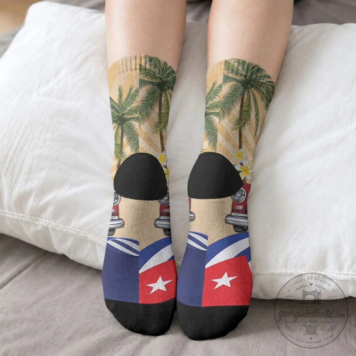 Personalized Cuban Flag Retro Car Tropical Palm Tree Crew Socks 8 Personalized Cuban Flag Retro Car Tropical Palm Tree Crew Socks