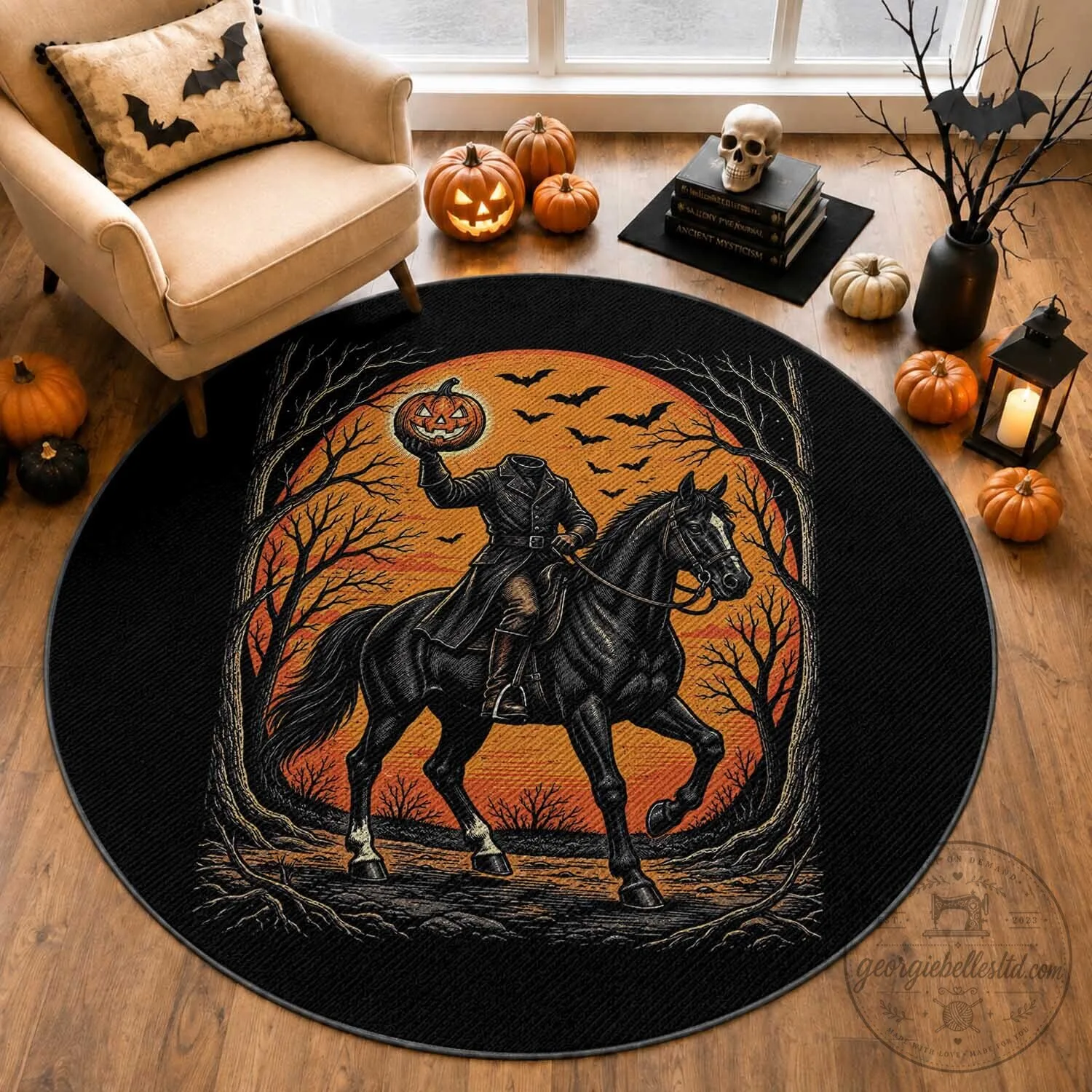 Headless Horseman Legend Vintage Halloween Round Rug