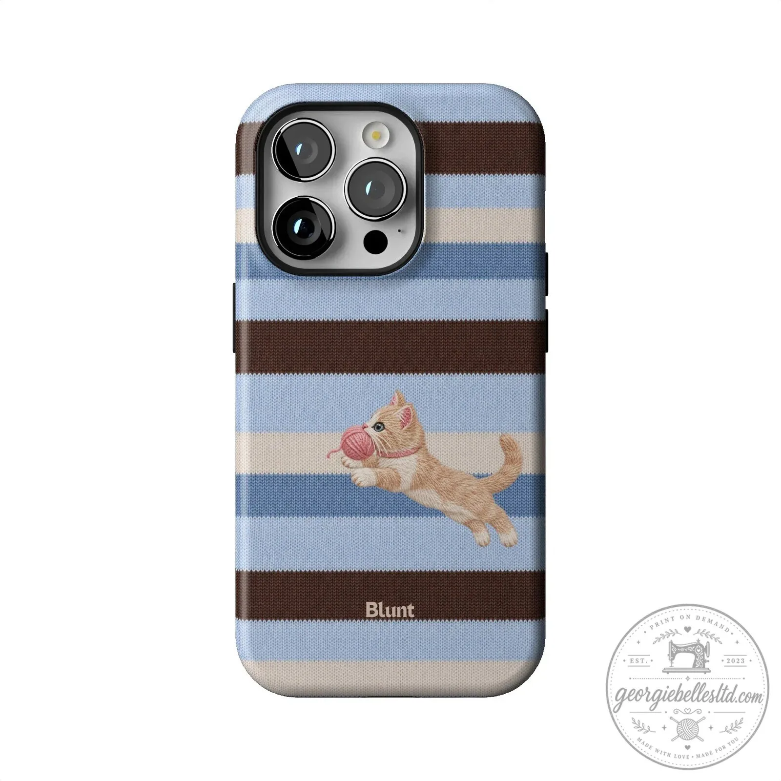 Cute Kitten Playing with Yarn Blue Striped Pattern iPhone Case 45 Cute Kitten Playing with Yarn Blue Striped Pattern iPhone Case