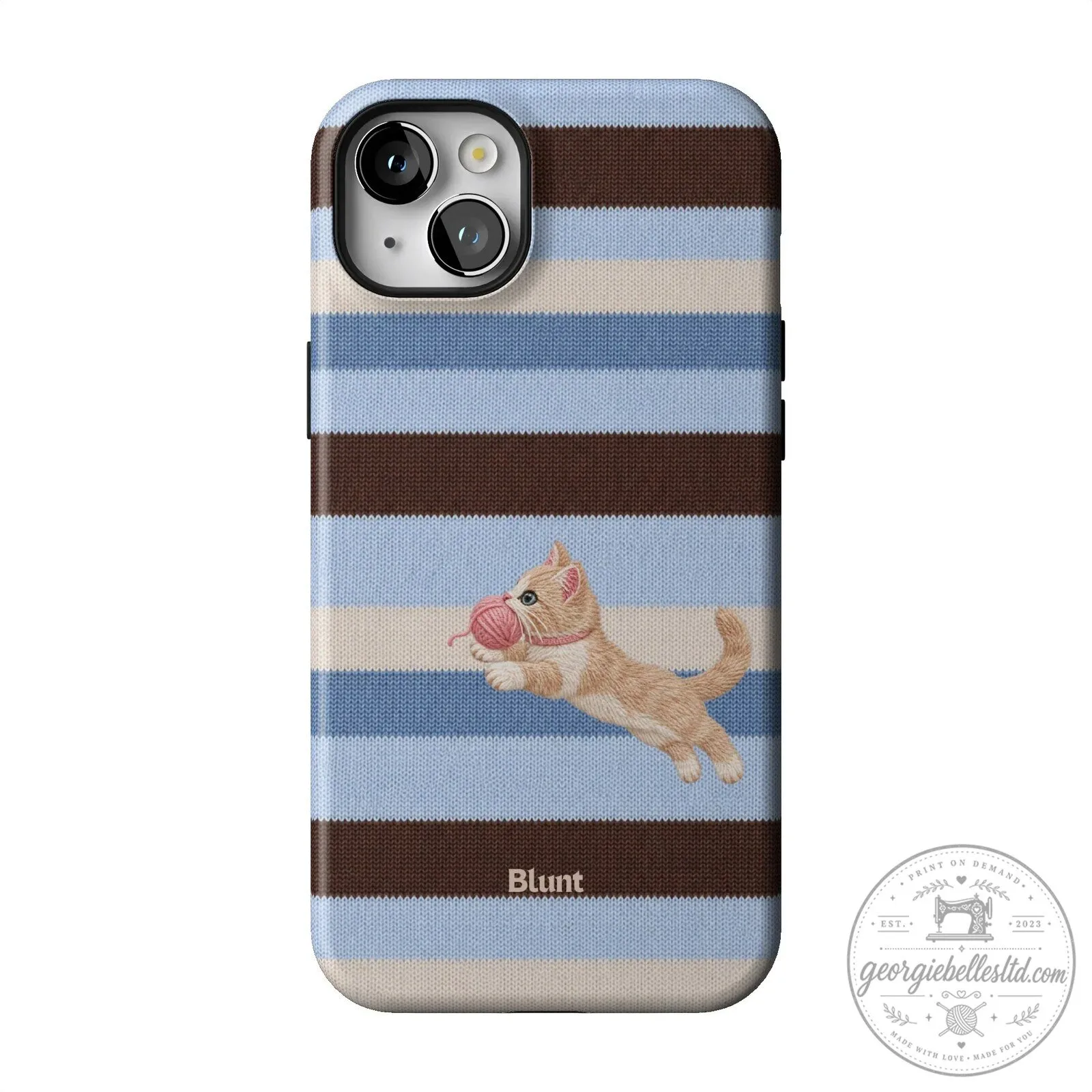 Cute Kitten Playing with Yarn Blue Striped Pattern iPhone Case 47 Cute Kitten Playing with Yarn Blue Striped Pattern iPhone Case