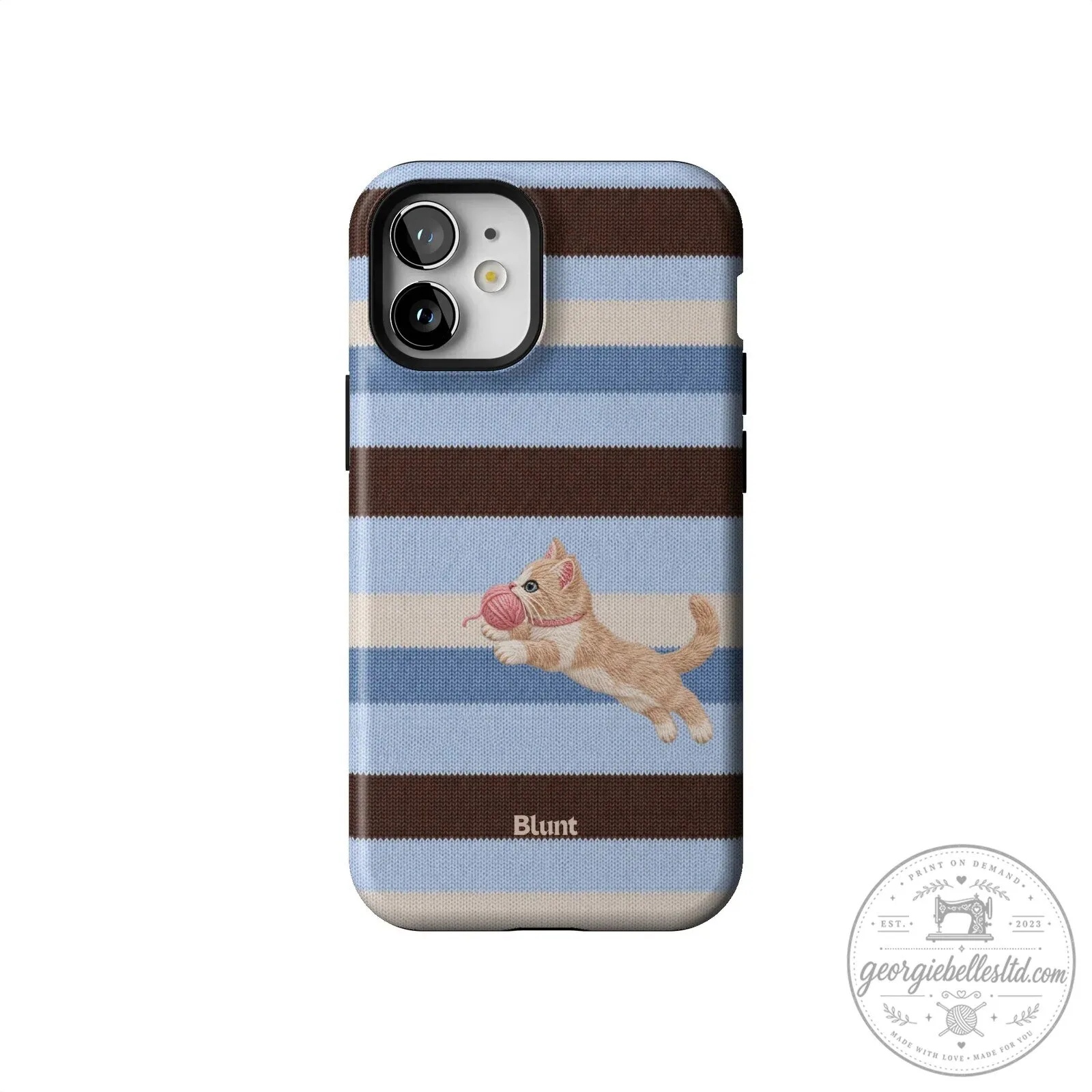Cute Kitten Playing with Yarn Blue Striped Pattern iPhone Case 55 Cute Kitten Playing with Yarn Blue Striped Pattern iPhone Case