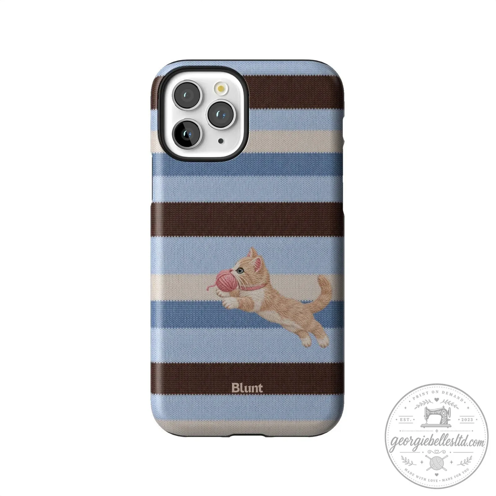 Cute Kitten Playing with Yarn Blue Striped Pattern iPhone Case 57 Cute Kitten Playing with Yarn Blue Striped Pattern iPhone Case