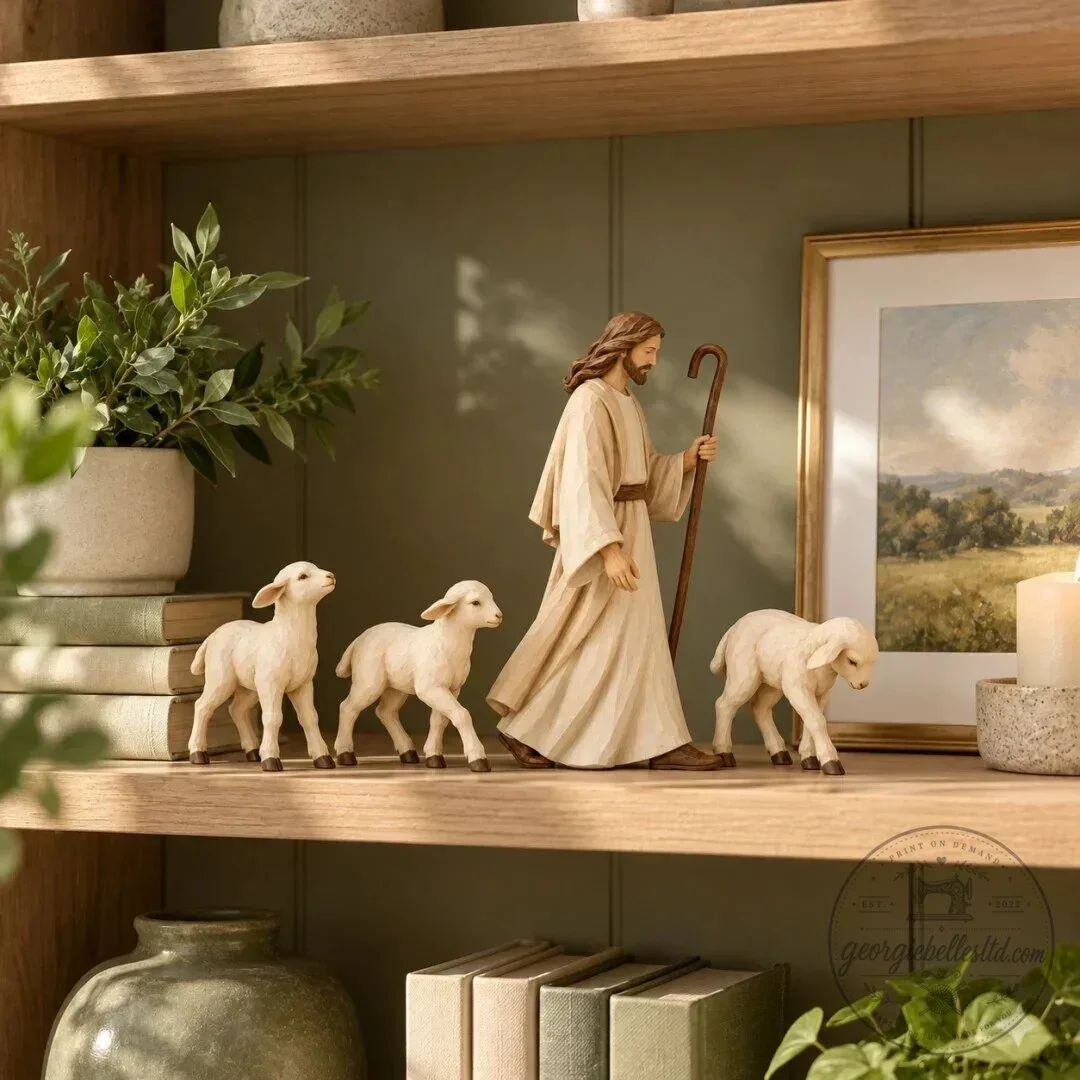Good Shepherd and Lamb Religious Figurine Set, Christian Home Decor Sculpture