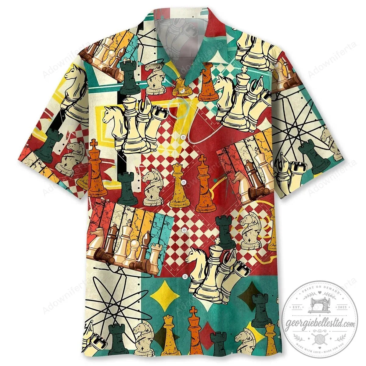 Vintage Chess Pieces Pattern Colorful Hawaiian Shirt