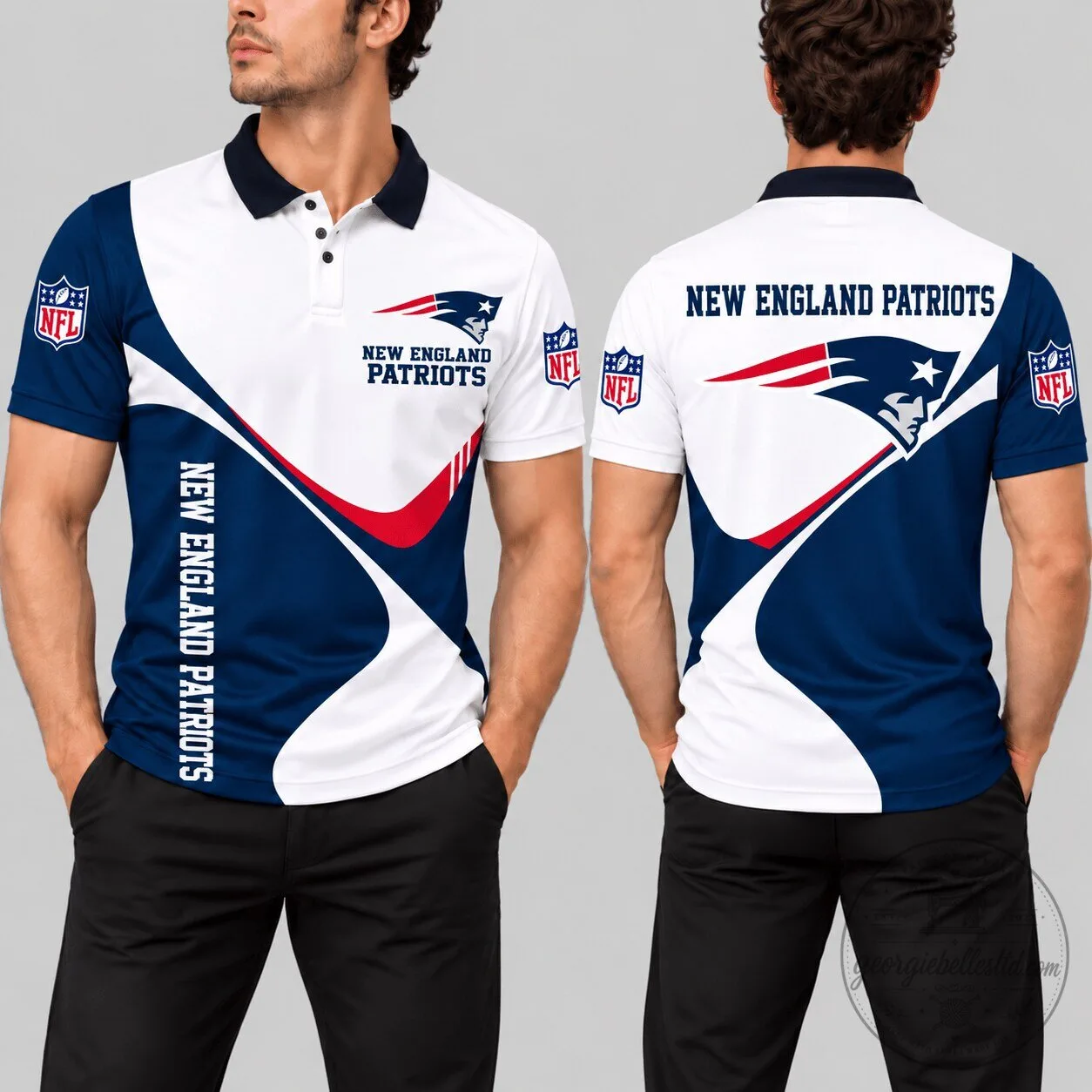 New England Patriots NFL Football Team White and Navy Blue Polo Shirt