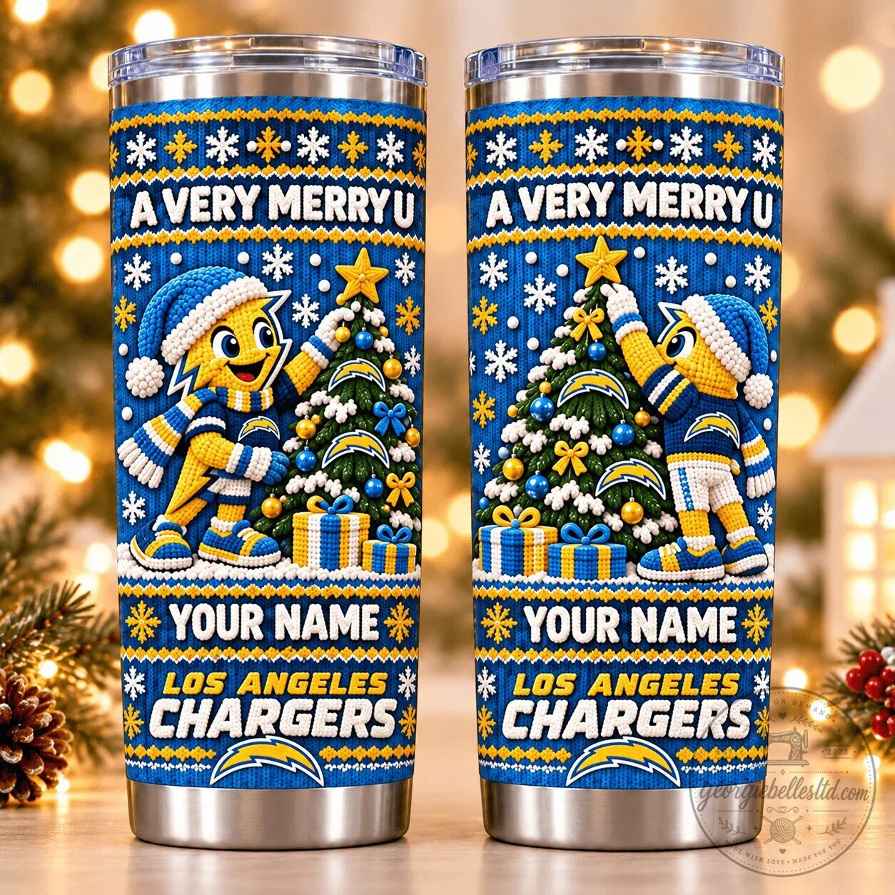 Los Angeles Chargers Christmas Holiday Sweater Pattern Personalized Tumbler
