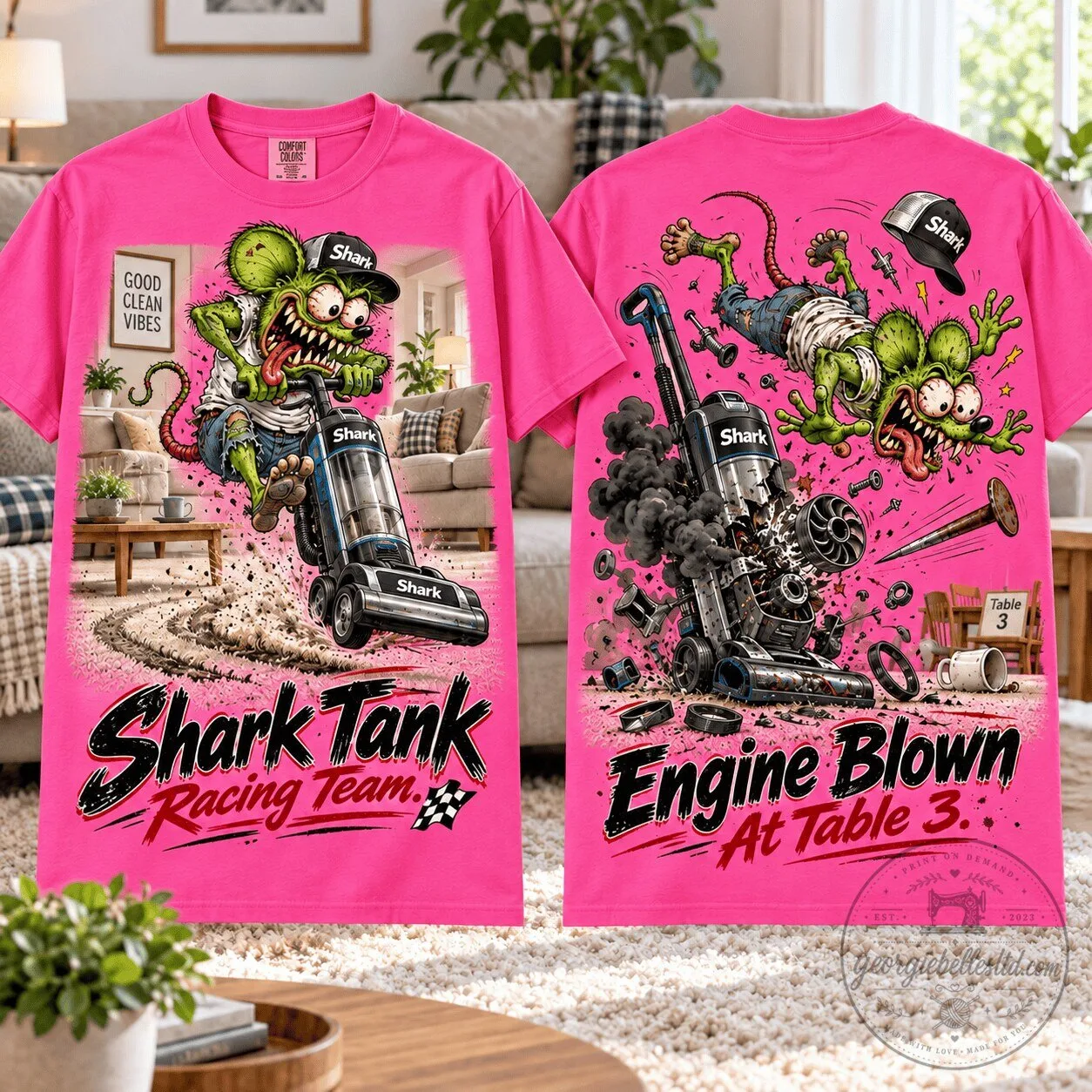 Rat Fink Shark Tank Racing Team Engine Blown At Table 3 Hot Pink T-Shirt 1 Rat Fink Shark Tank Racing Team Engine Blown At Table 3 Hot Pink T-Shirt