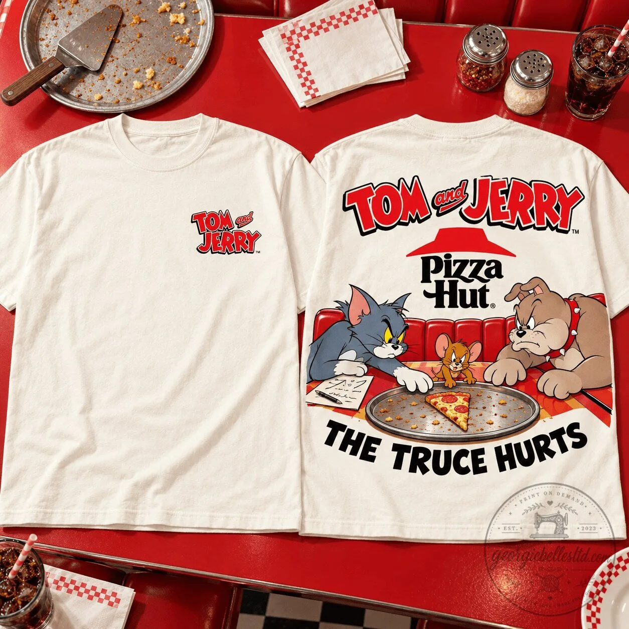 Tom and Jerry Pizza Hut The Truce Hurts Classic Cartoon Chaos T-Shirt
