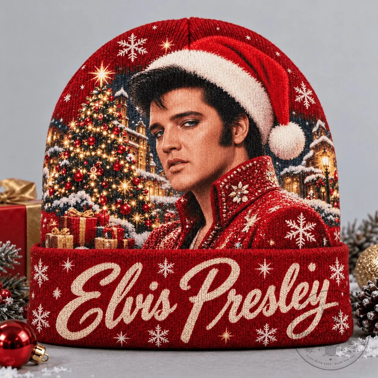 Elvis Presley Christmas Santa Portrait Winter Holiday Beanie Hat