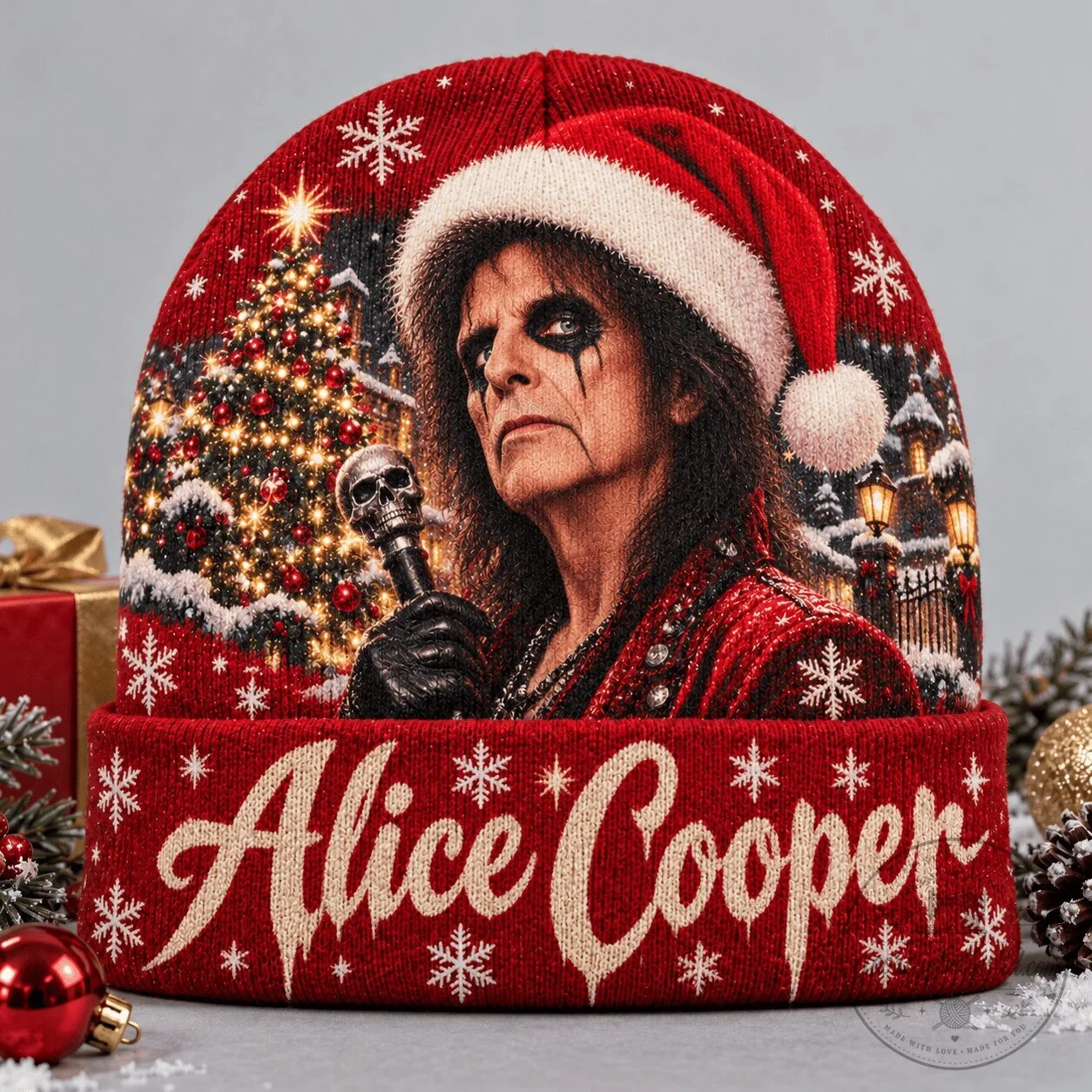 Alice Cooper Santa Portrait Christmas Holiday Beanie Cap Hat