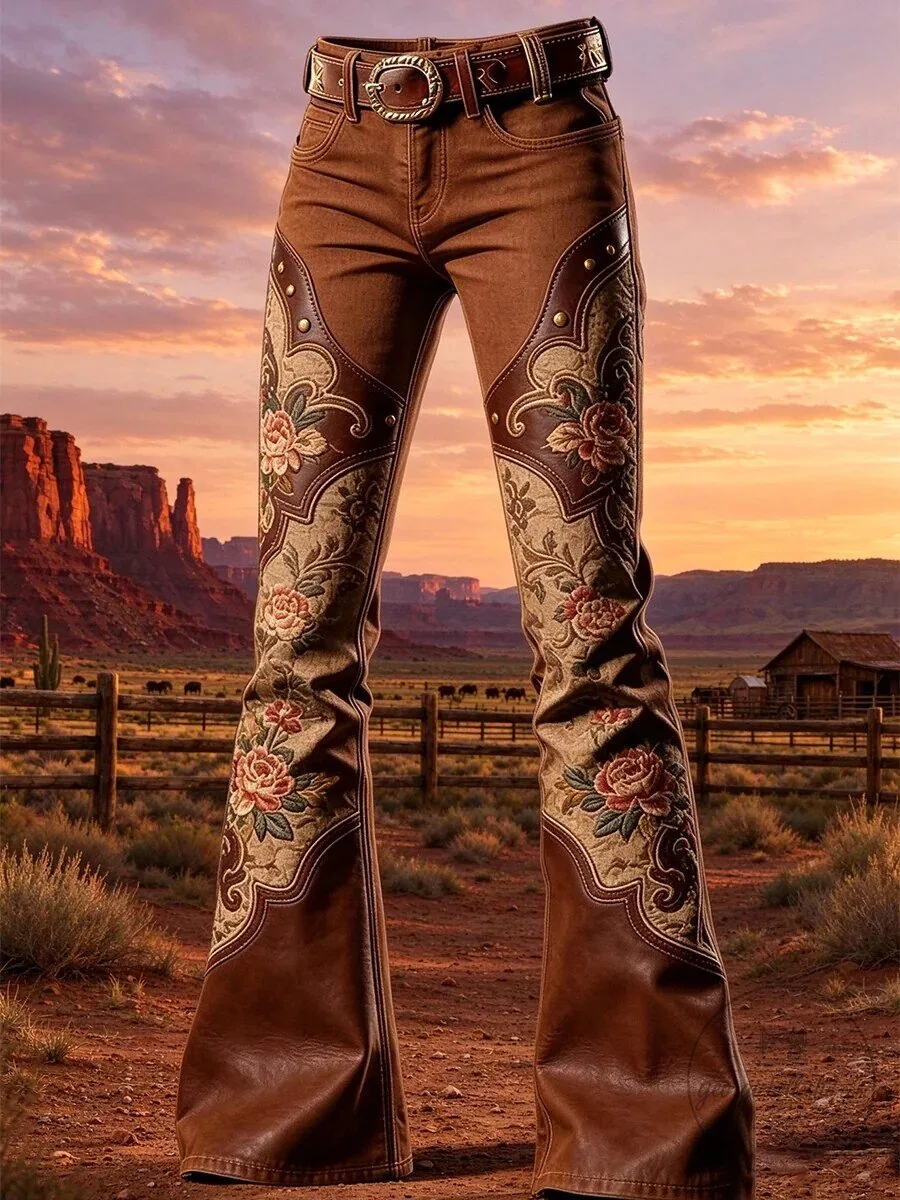 Women's Western Cowboy Floral Embroidered Flared Pants