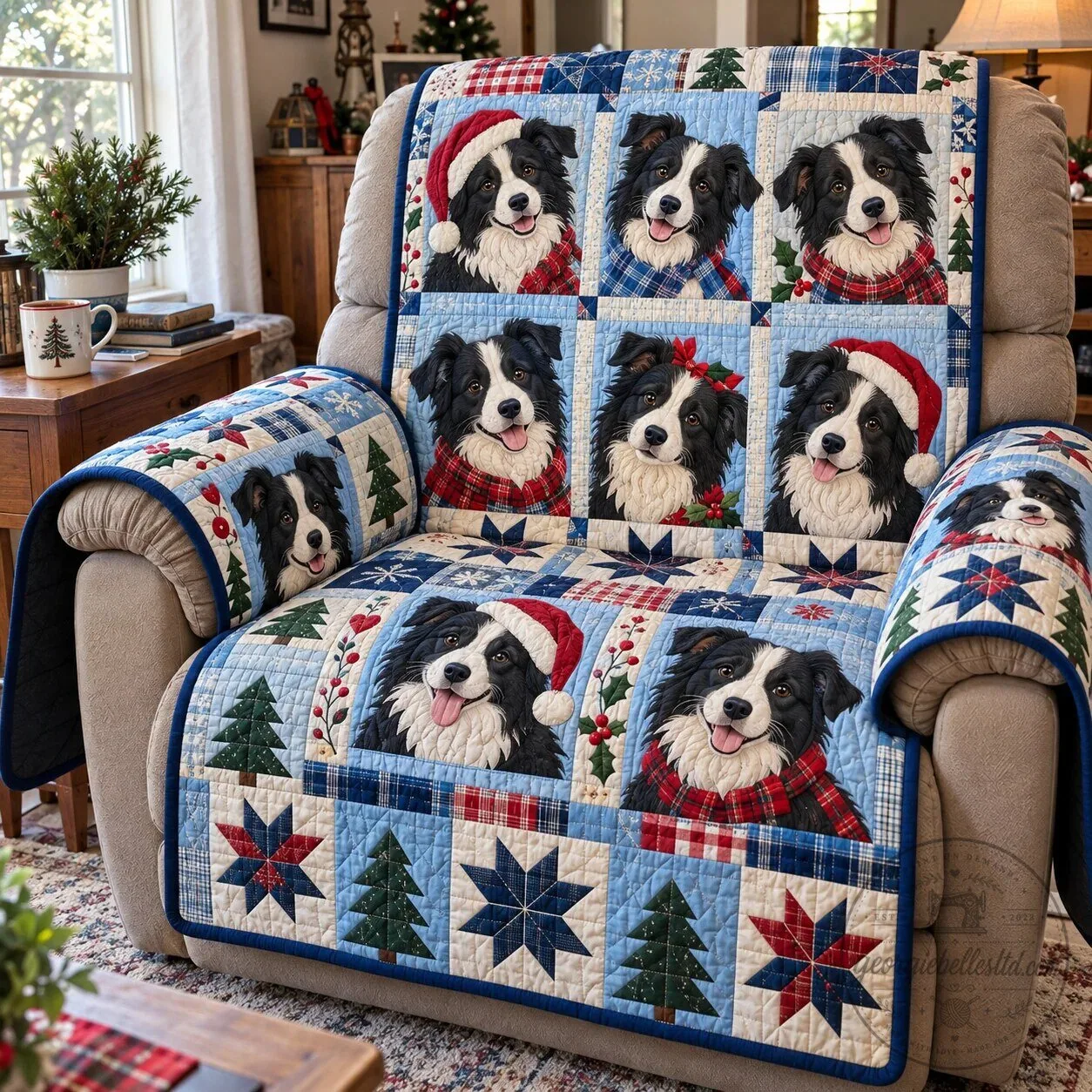 Border Collie Christmas Holiday Sofa Cover Quilted Furniture Protector