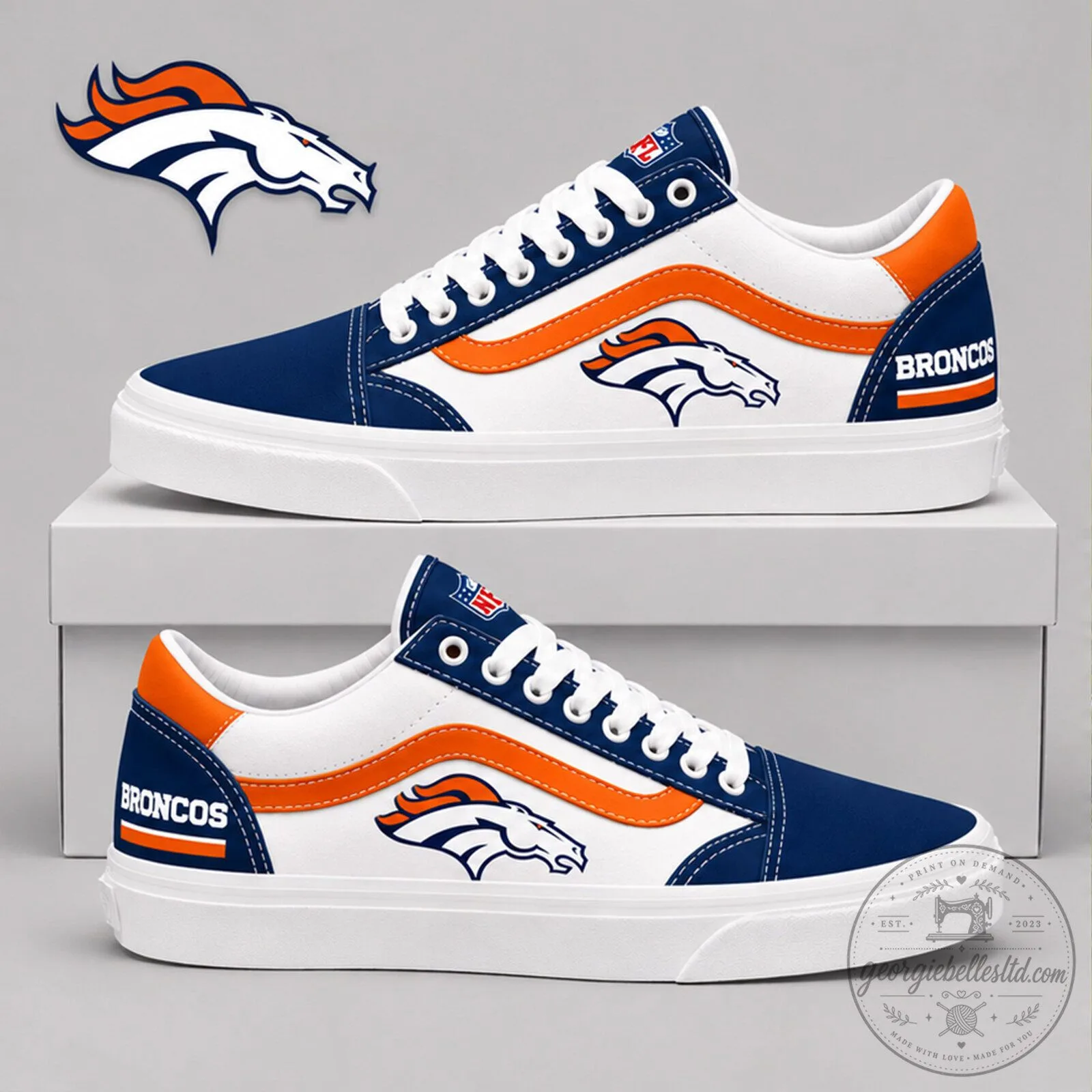 Denver Broncos NFL Team Logo White and Blue Fan Shoes