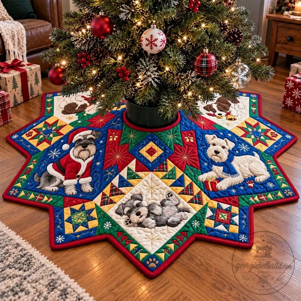 Schnauzer Dog Christmas Holiday Quilted Tree Skirt with Festive Design Schnauzer Dog Christmas Holiday Quilted Tree Skirt with Festive Design