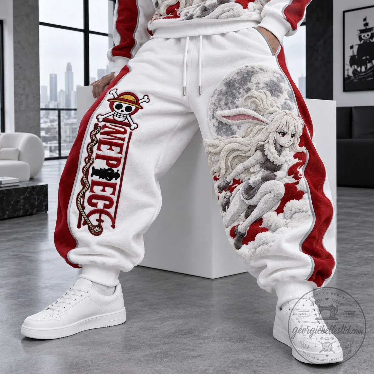 One Piece Carrot Moon Embroidered White Red Unisex Loose Fit Sweatpants