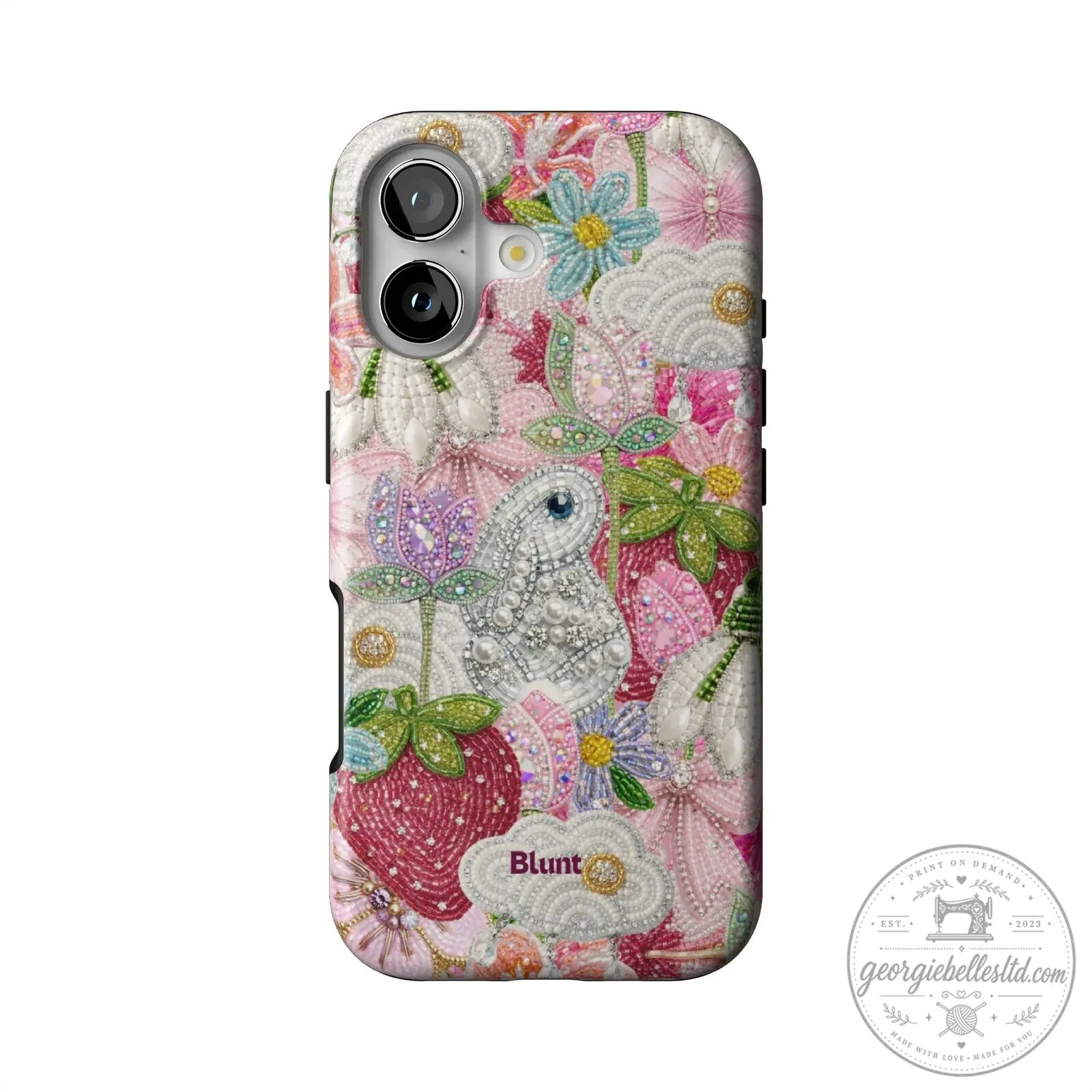 Embroidered Floral Strawberry Beaded Design Clear iPhone Case