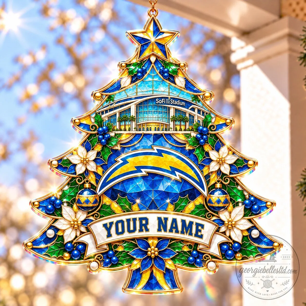 Los Angeles Chargers SoFi Stadium Christmas Tree Stained Glass Suncatcher Ornament