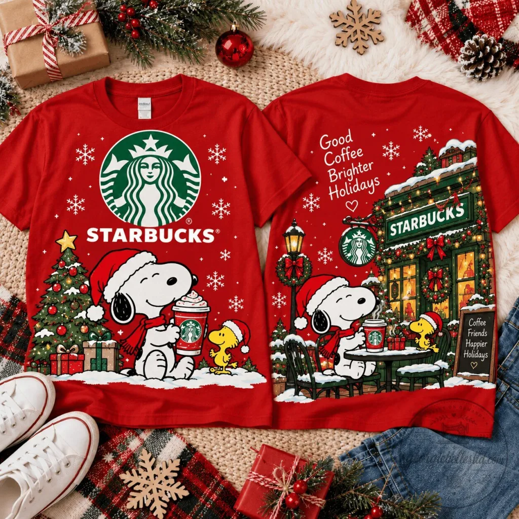 Starbucks Snoopy Christmas Holiday Coffee Friends Happier Holidays Red T-Shirt Starbucks Snoopy Christmas Holiday Coffee Friends Happier Holidays Red T-Shirt