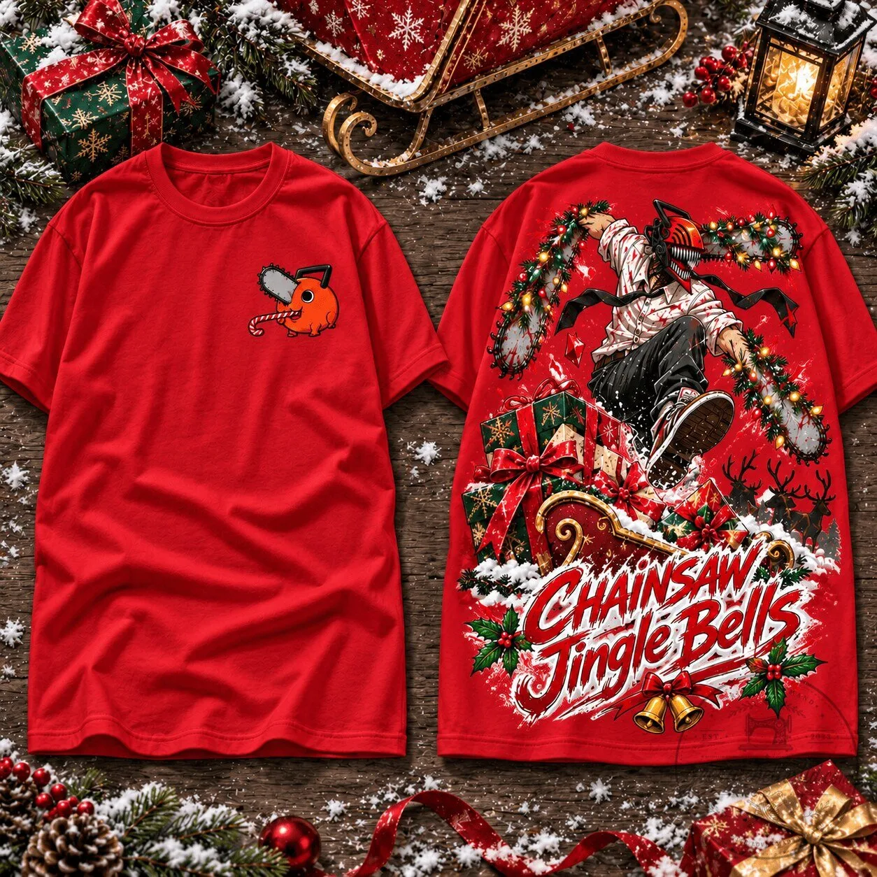 Chainsaw Man Jingle Bells Christmas Holiday Red T-Shirt