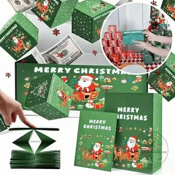 Christmas Surprise Gift Box with Santa Claus and Reindeer Design