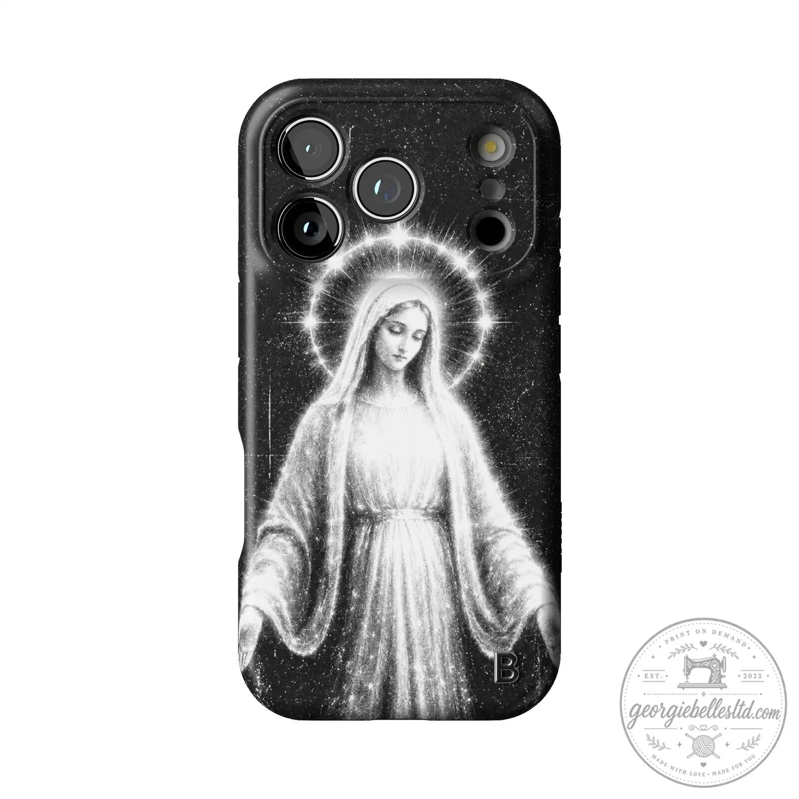 Blessed Virgin Mary Black and White iPhone Case with Halo and Stars